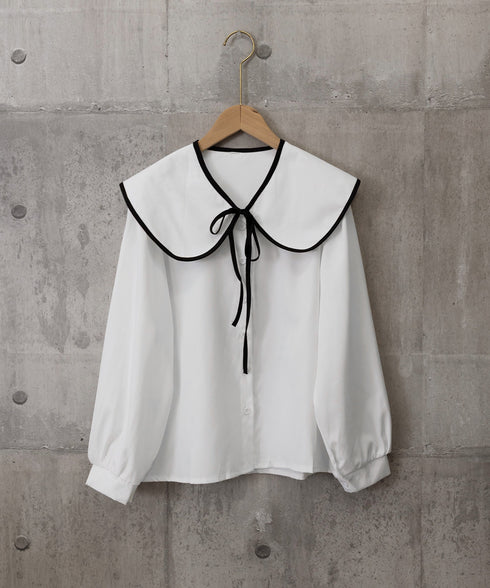 ビッグ襟ブラウス リボンタイブラウス長袖 レディース バイカラーシャツブラウス フレンチガーリー 大きめ襟トップス ゆったり韓国ファッション  着やせ 体型カバー 84WANJIA-022